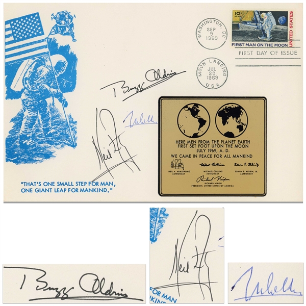 Apollo 11 First Day Cover Boldly Signed by Neil Armstrong, Buzz Aldrin and Michael Collins -- Large Cover Measures 9'' x 6''